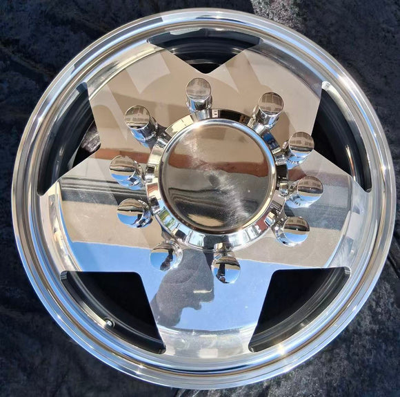 Package of 4pcs aluminum wheel 19.5x6.00 10x225mm 5Triangle 4000lbs Tr554d, 15mm flat,117-INSET 135-OUTSET Hub Pilot Polished Both Sides Fits for 2005-2016 Ford F450 & F550
