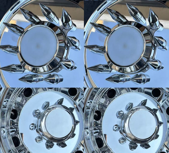 Dually Truck Polished Metal Covers, a Set of 4pcs with Spike or Cylinder and Lug nut for 8x6.5(170mm), 8x200&210, 8x225, 10x225mm