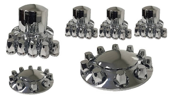 Chrome ABS plastic Hub Cap with flat-top Covers as Kit for 10-hole x285.75mm Hub piloted only, M22x1.5 stud w/S33mm lug