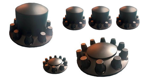 Black ABS plastic Hub Cap with flat-top Covers as Kit for 10-hole x285.75mm Hub piloted only, M22x1.5 stud w/S33mm lug