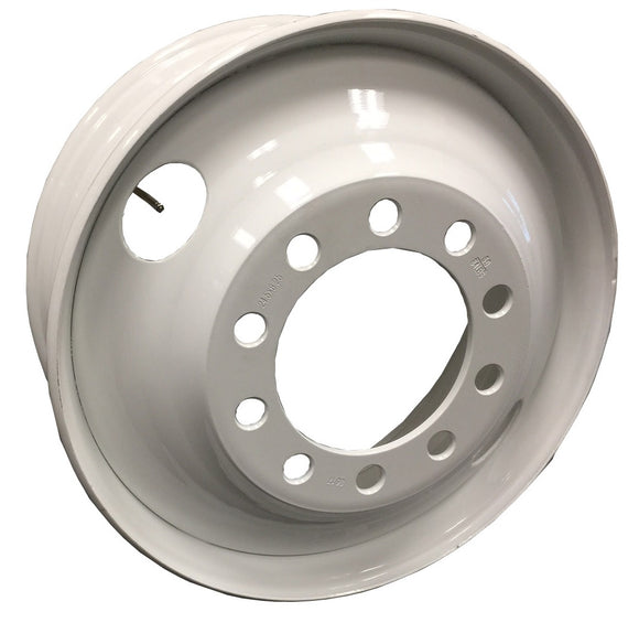 24.5x8.25 Steel wheels Dual 10holes x285.75, 30.7mm Stud piloted, 221.5mm CBD, 2 handholes, 168mm offset, Max load 7400lbs White Color for Semi-truck and trailer
