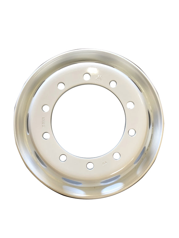 22.5x8.25 Steel bus wheels Dual 10holes x335, 26mm Hub piloted, 281mm CBD, 2 handholes, 169mm offset, Max load 7800lbs White Color for European Chassis buses